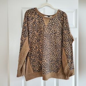Torrid Brown and Black Crew Neck Sweater with Leopard Print